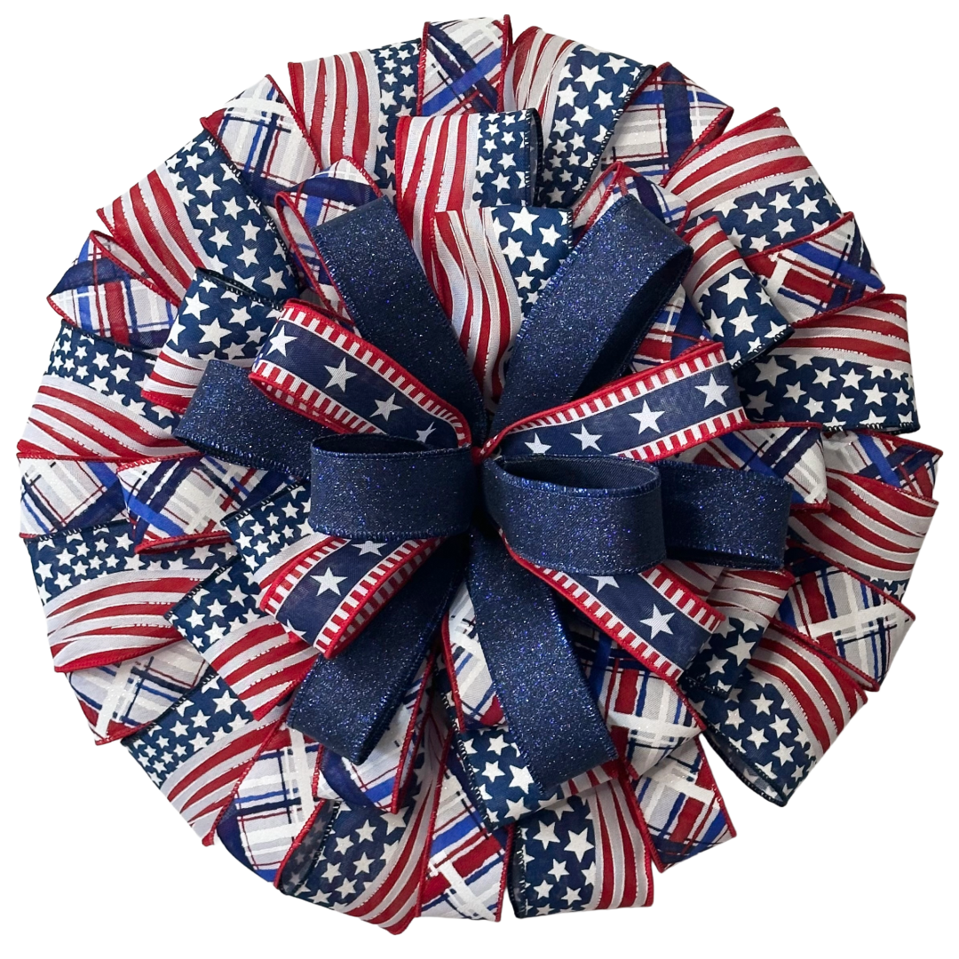 Patriotic ribbon wreath featuring traditional red white and blue and stars and stripes by Monkey's Creations