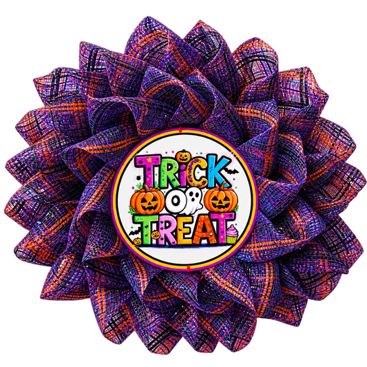 Purple black and orange deco mesh flower wreath by Monkey's Creations featuring a pinwheel flower petal deco mesh technique and a round metal wreath sign center with "trick or treat".