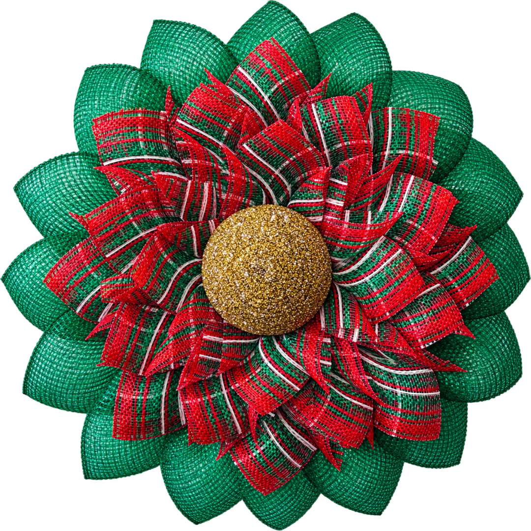 Red white and green deco mesh poinsettia flower wreath with a gold rhinestone center by Monkey's Creations. 