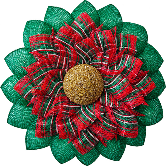 Red white and green deco mesh poinsettia flower wreath with a gold rhinestone center by Monkey's Creations. 