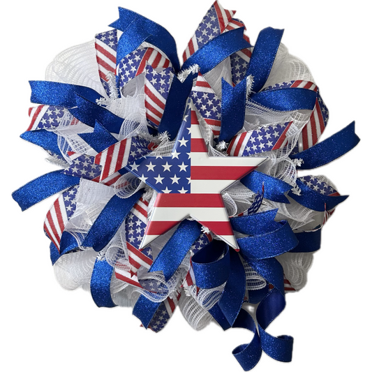 Decorative wreath with American flag design and blue, red, and white ribbons 