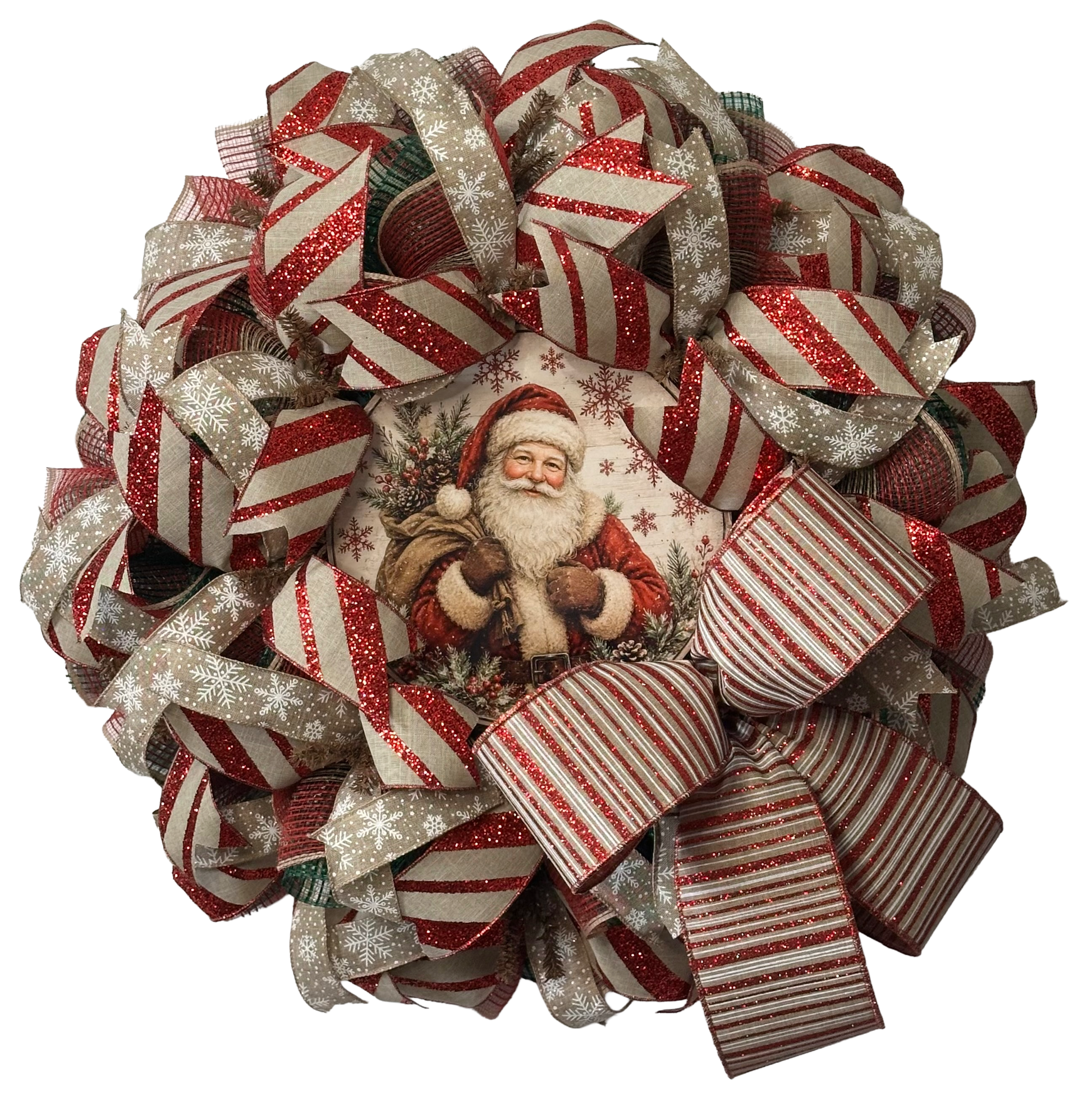 Deco mesh and ribbon wreath with a vintage santa center by Monkey's Creations.