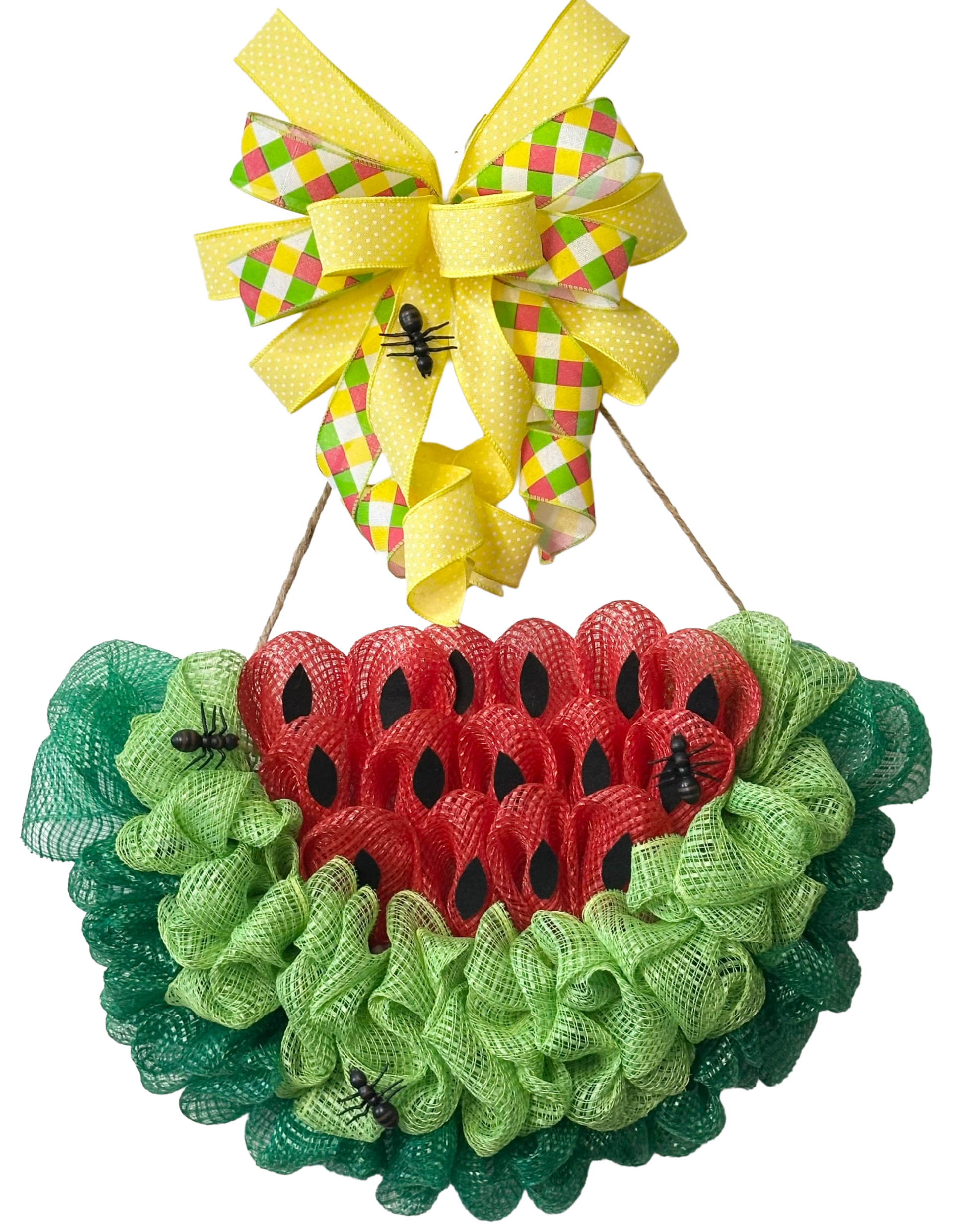 Watermelon slice deco mesh wreath with a bright ribbon bow by Monkey's Creations. 