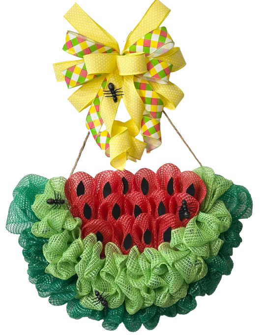 Watermelon slice deco mesh wreath with a bright ribbon bow by Monkey's Creations. 