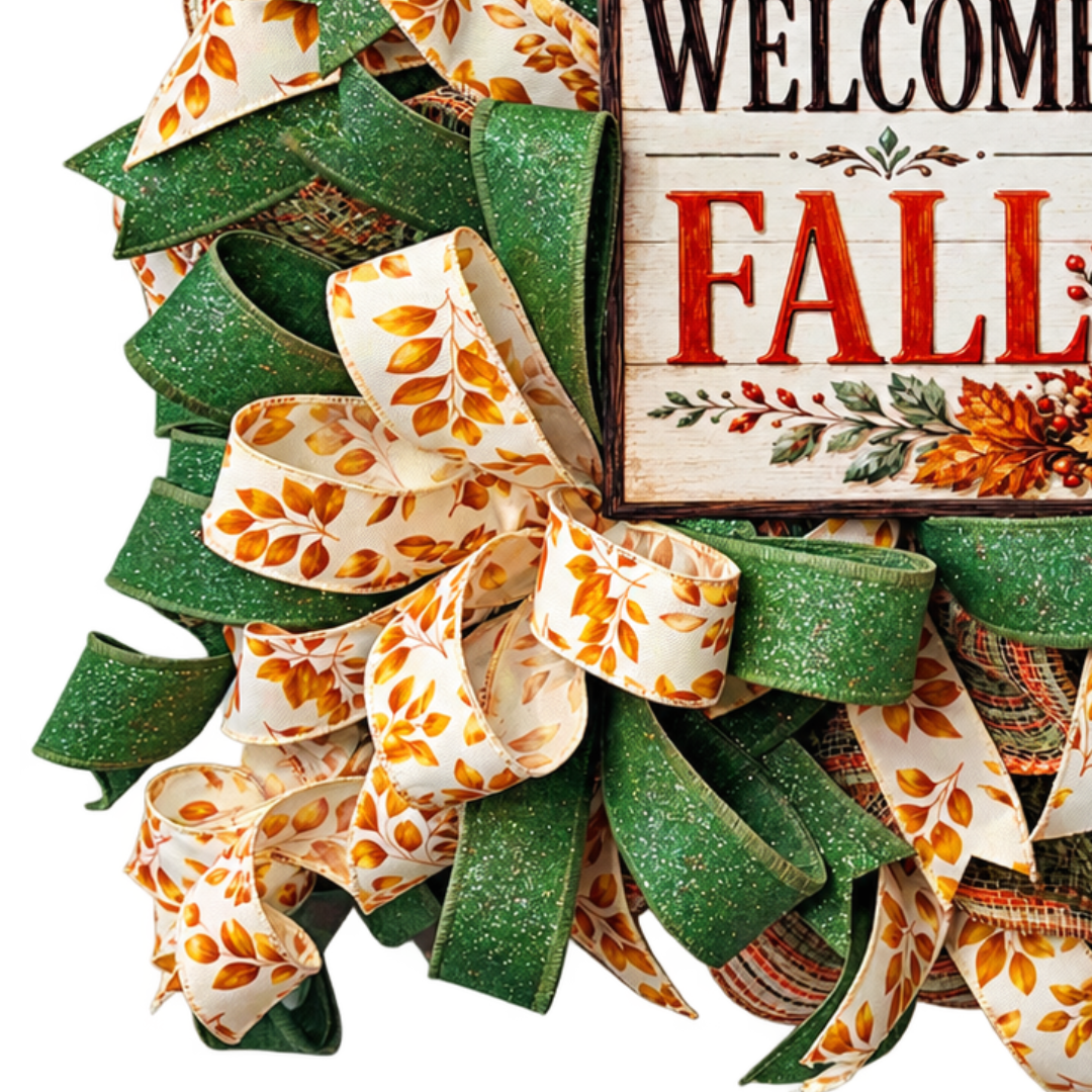 Deco mesh and ribbon wreath featuring safe, brown and orange materials with a rectangle wreath sign featuring stacked jeweled pumpkins and fall foliage with "welcome fall" by Monkey's Creations. 