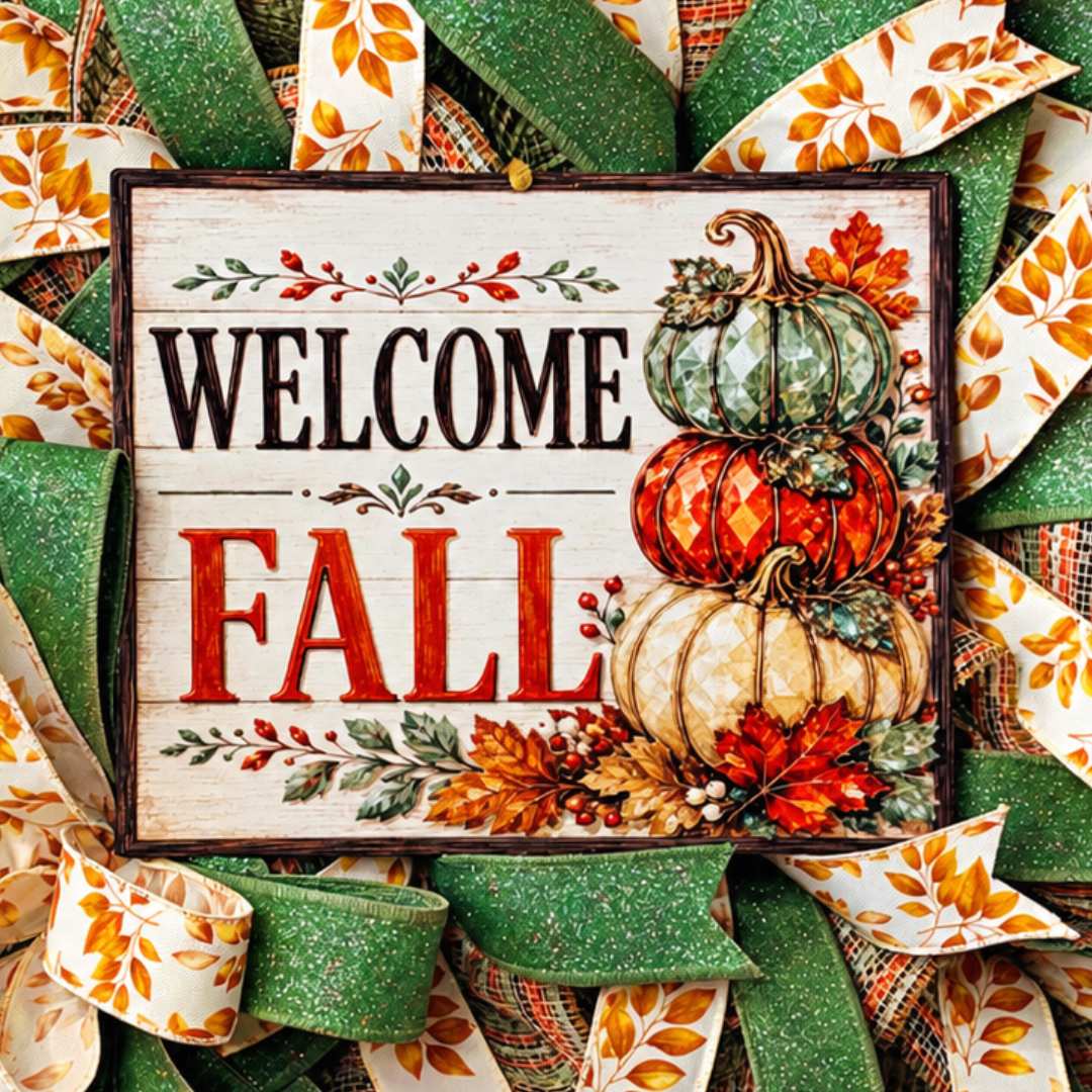 Deco mesh and ribbon wreath featuring safe, brown and orange materials with a rectangle wreath sign featuring stacked jeweled pumpkins and fall foliage with "welcome fall" by Monkey's Creations. 