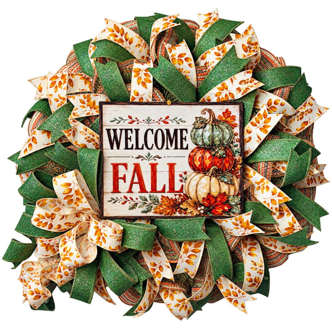 Deco mesh and ribbon wreath featuring safe, brown and orange materials with a rectangle wreath sign featuring stacked jeweled pumpkins and fall foliage with "welcome fall" by Monkey's Creations. 
