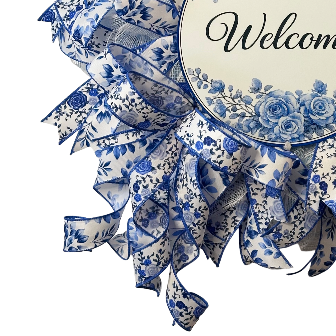 Blue Welcome Chinoiserie wreath featuring deco mesh and ribbon by Monkey's Creations 