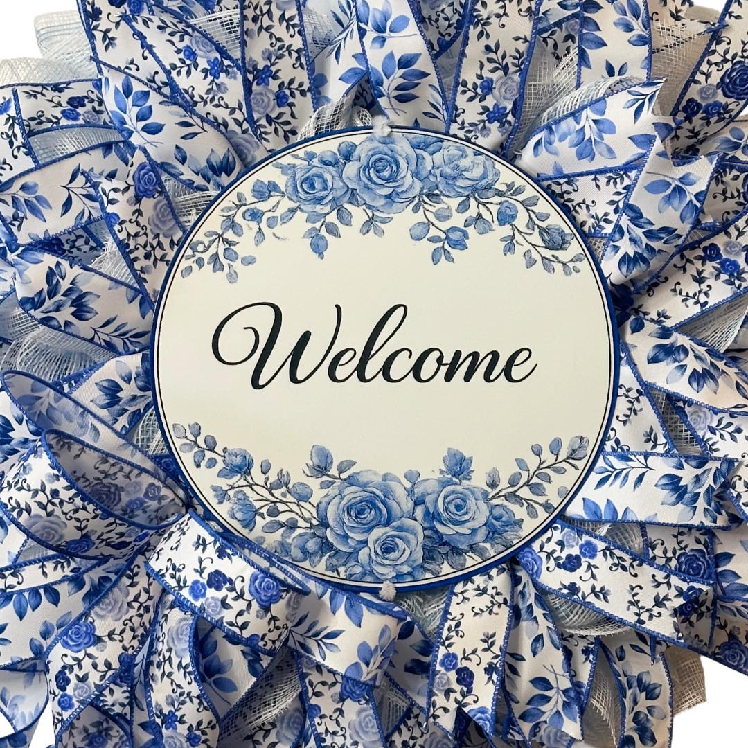 Blue Welcome Chinoiserie wreath featuring deco mesh and ribbon by Monkey's Creations 