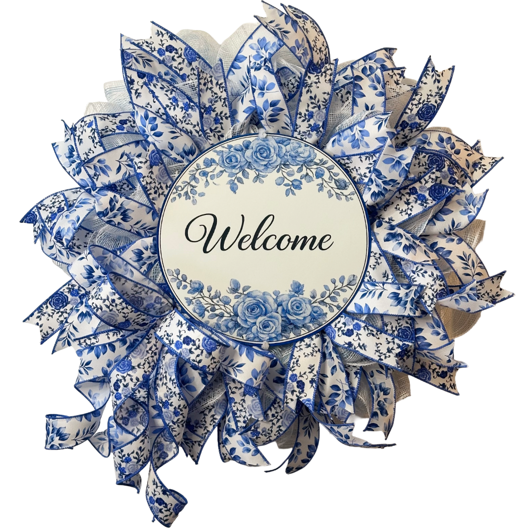 Blue Welcome Chinoiserie wreath featuring deco mesh and ribbon by Monkey's Creations 
