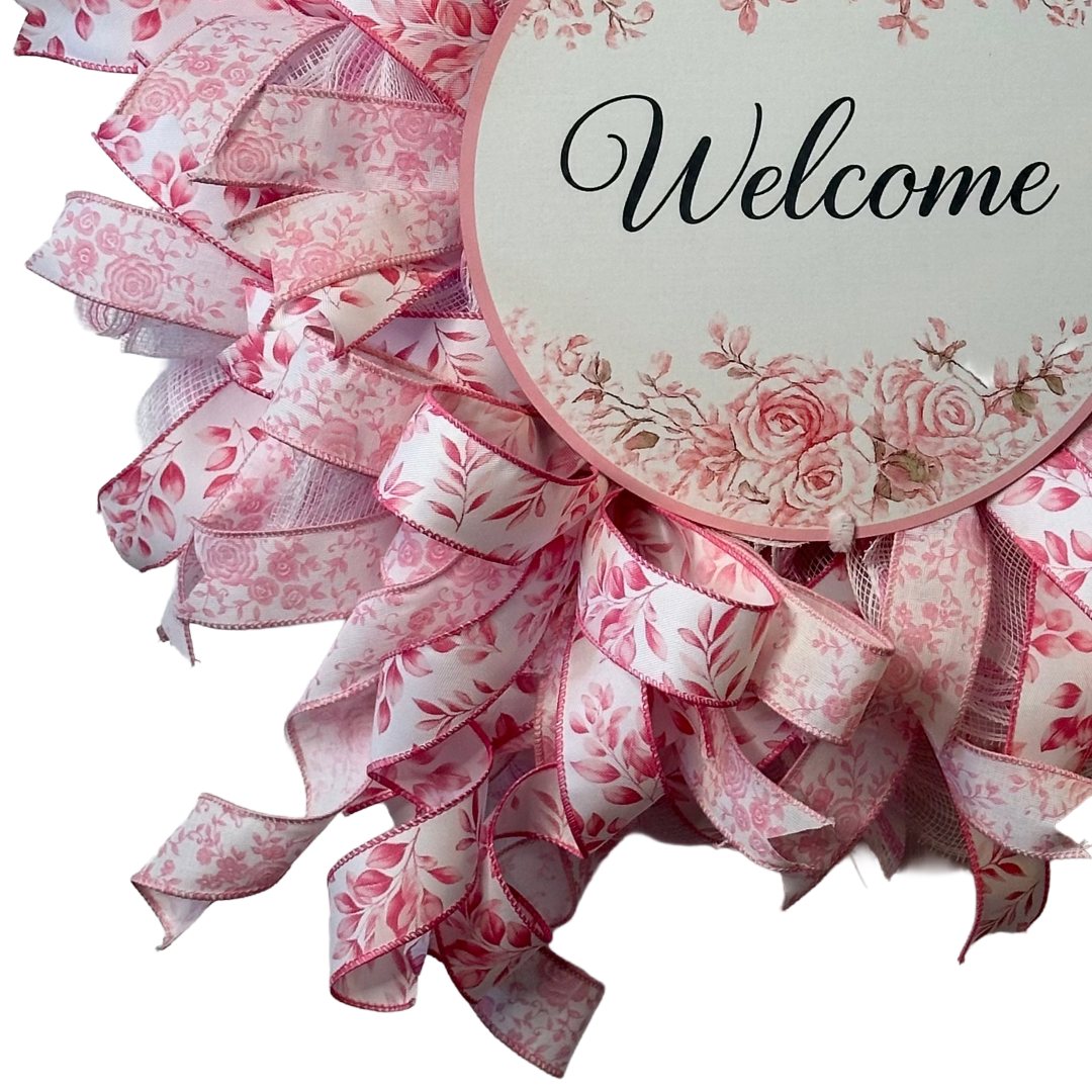 Pink Welcome Chinoiserie wreath featuring deco mesh and ribbon by Monkey's Creations 