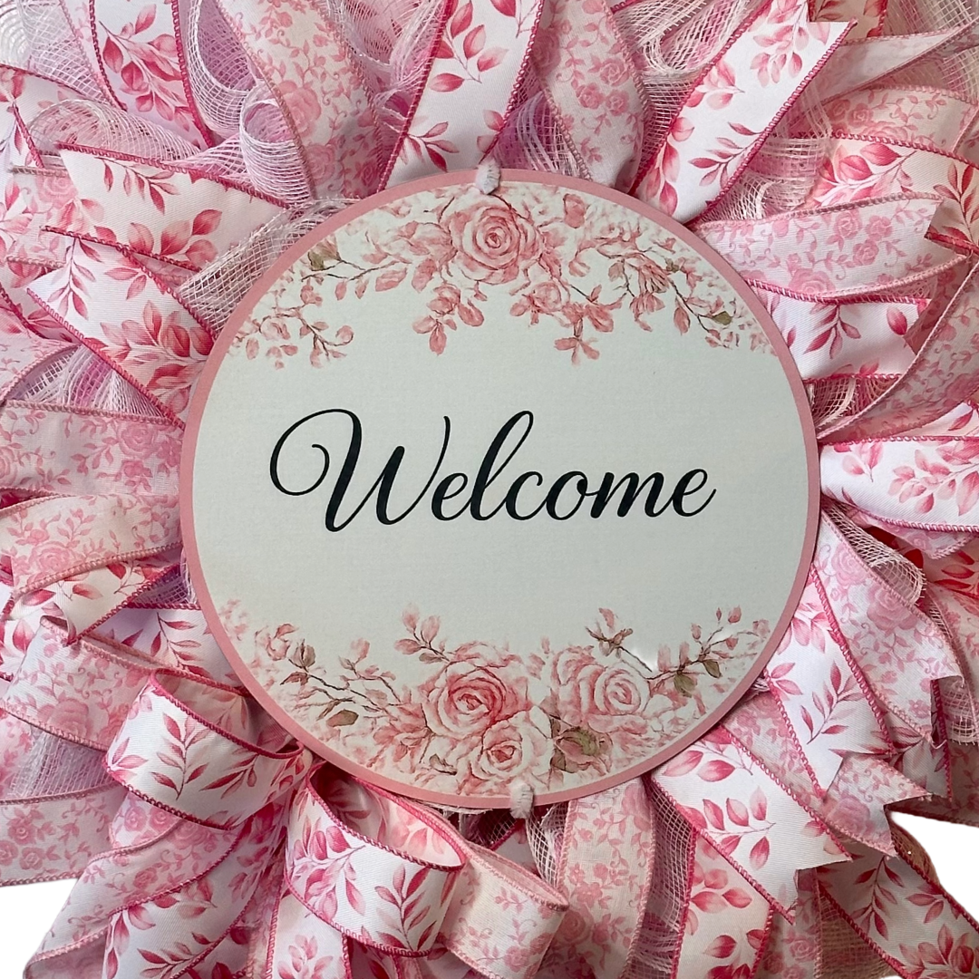 Pink Welcome Chinoiserie wreath featuring deco mesh and ribbon by Monkey's Creations 