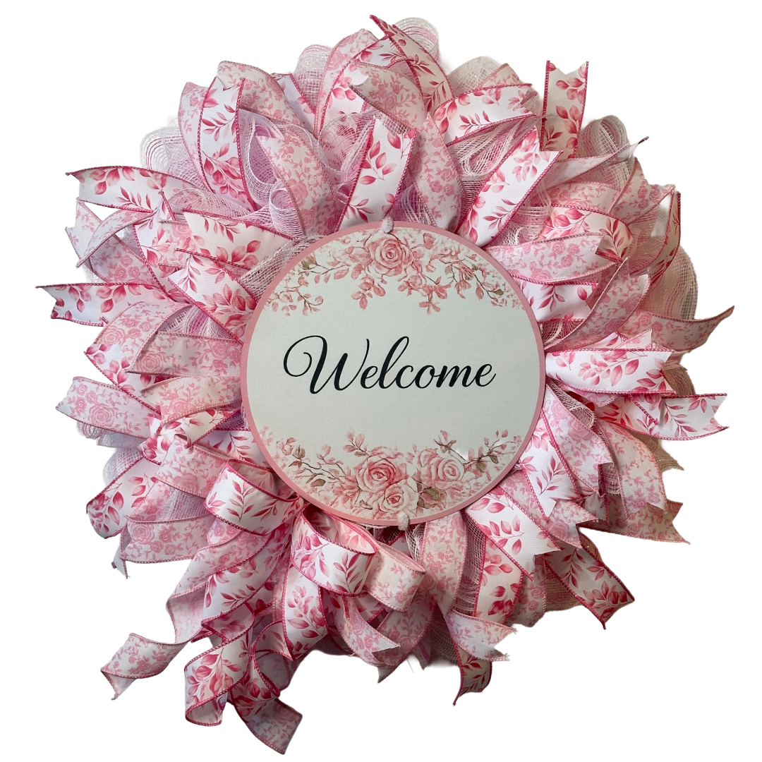 Pink Welcome Chinoiserie wreath featuring deco mesh and ribbon by Monkey's Creations 