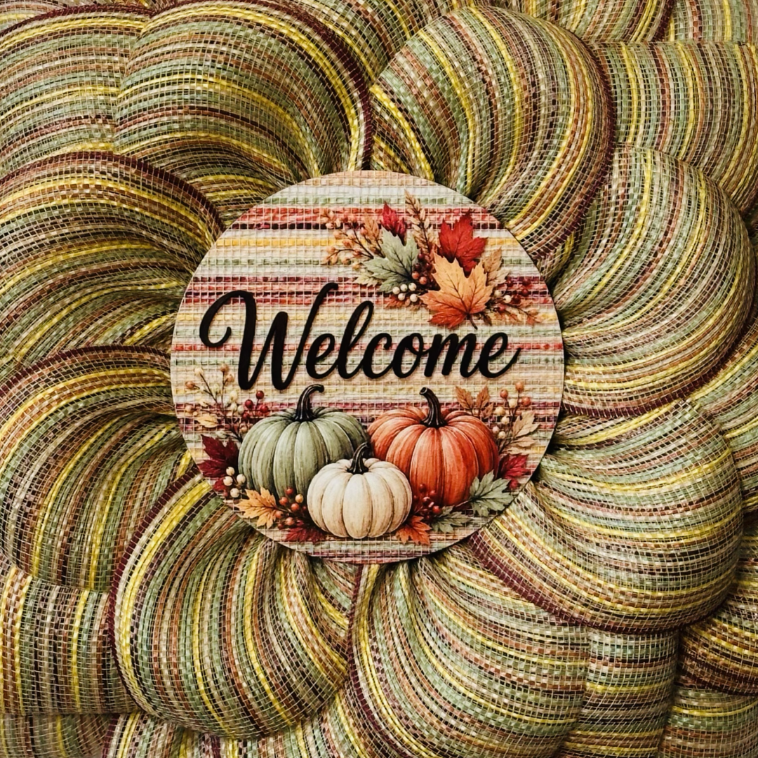 Fall themed deco mesh flower wreath featuring a "welcome" center with autumn elements by Monkey's Creations. 