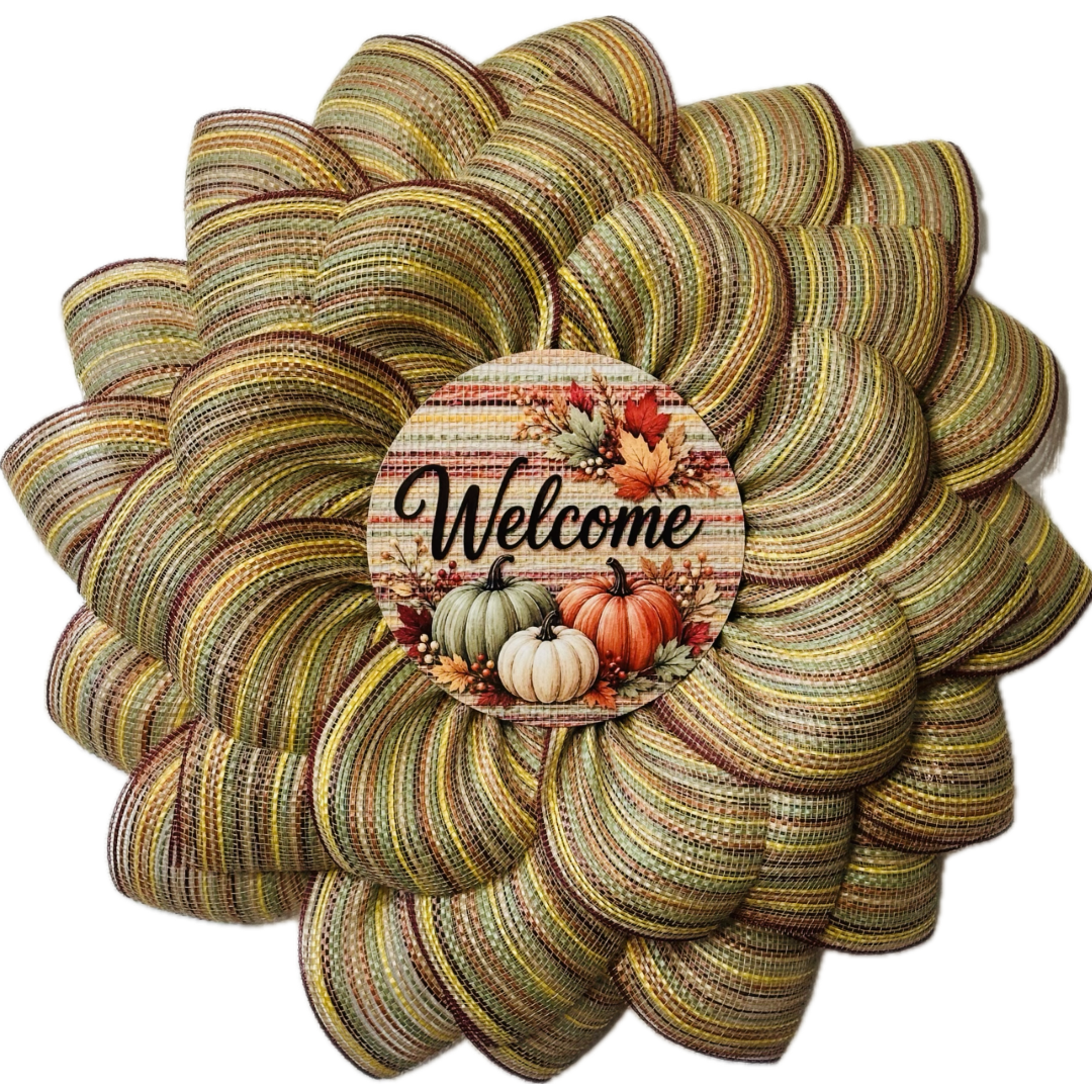 Fall themed deco mesh flower wreath featuring a "welcome" center with autumn elements by Monkey's Creations. 