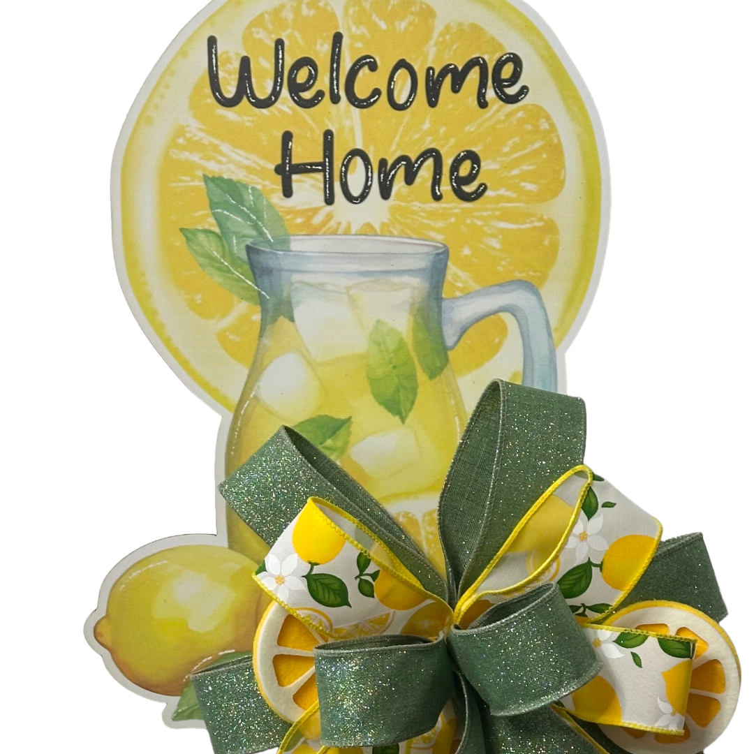 Lemonade door hanger with a sage and lemon slice ribbon bow by Monkey's Creations