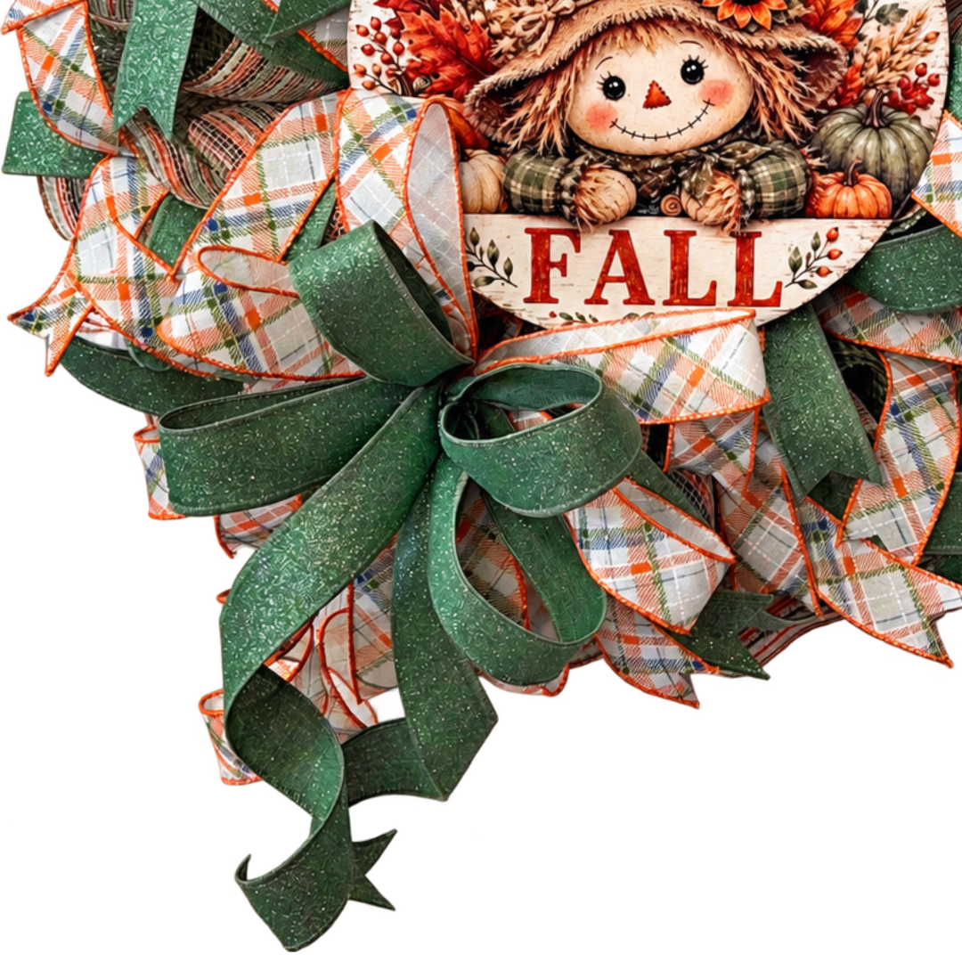 Deco mesh and ribbon wreath by Monkey's Creations featuring a "welcome fall" scarecrow metal wreath sign center accented by sage green wired ribbon and orange and blue plaid wired ribbon. 