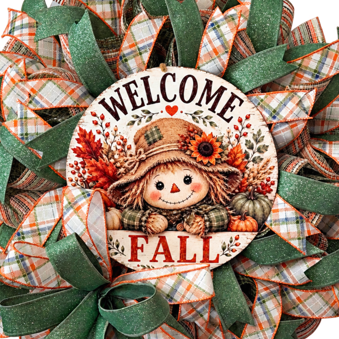 Deco mesh and ribbon wreath by Monkey's Creations featuring a "welcome fall" scarecrow metal wreath sign center accented by sage green wired ribbon and orange and blue plaid wired ribbon. 