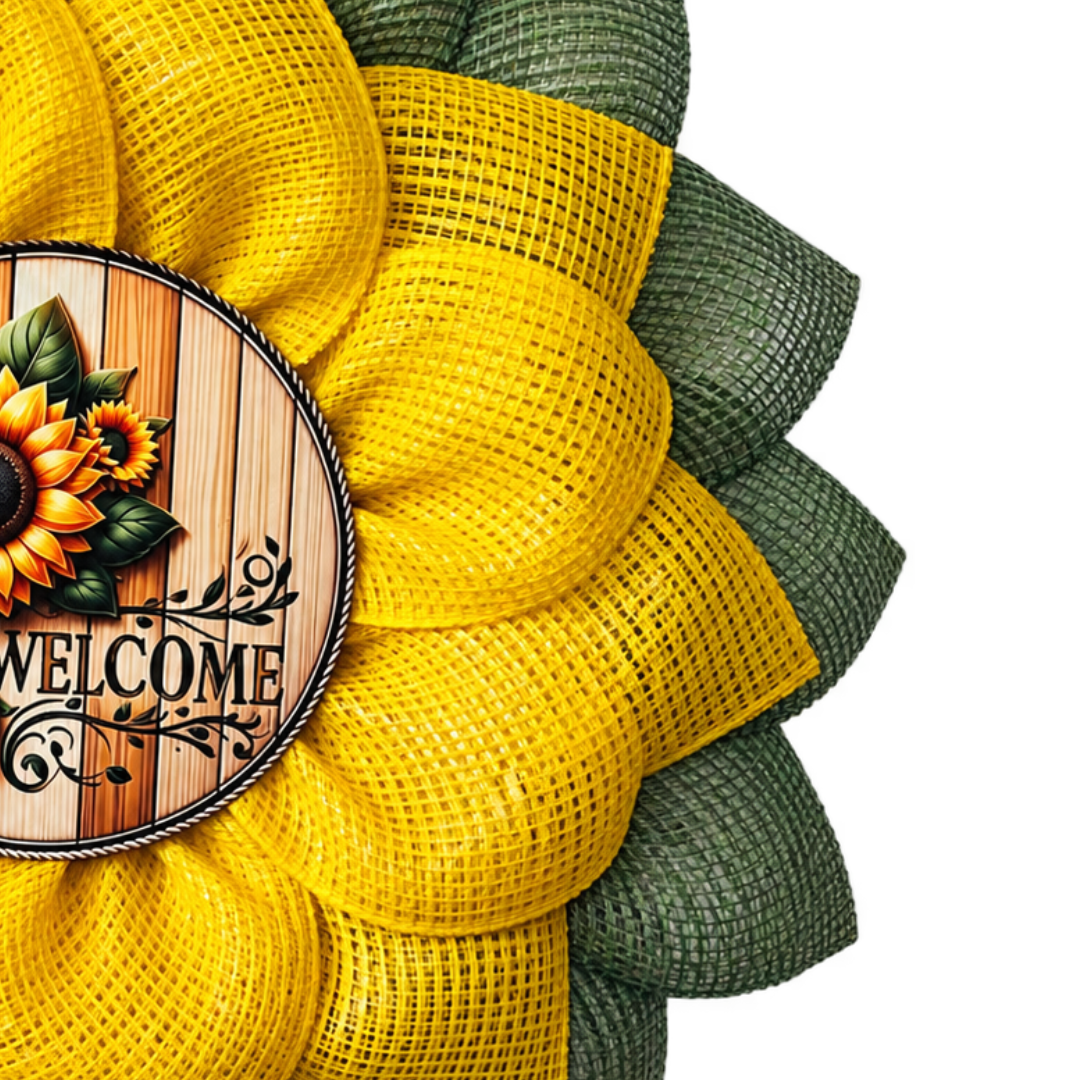 Yellow and sage green deco mesh sunflower wreath with a "welcome" on wood with sunflowers wreath center by Monkey's Creations. 