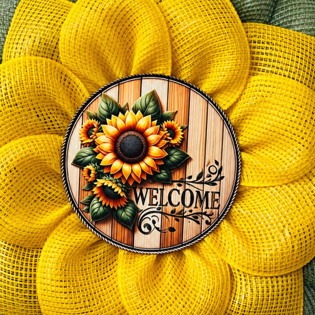 Yellow and sage green deco mesh sunflower wreath with a "welcome" on wood with sunflowers wreath center by Monkey's Creations. 