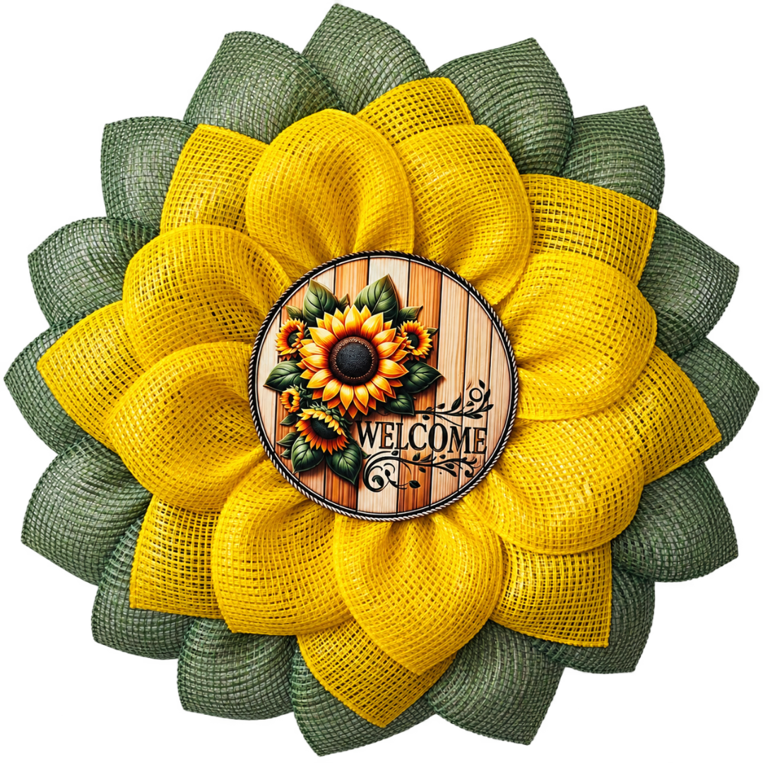 Yellow and sage green deco mesh sunflower wreath with a "welcome" on wood with sunflowers wreath center by Monkey's Creations. 