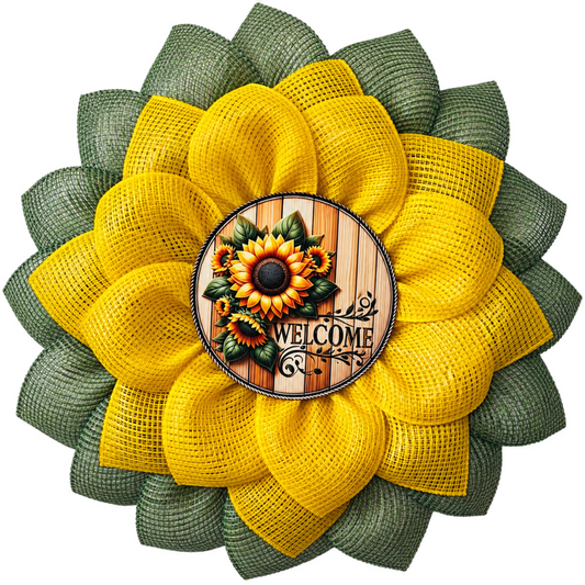 Yellow and sage green deco mesh sunflower wreath with a "welcome" on wood with sunflowers wreath center by Monkey's Creations. 