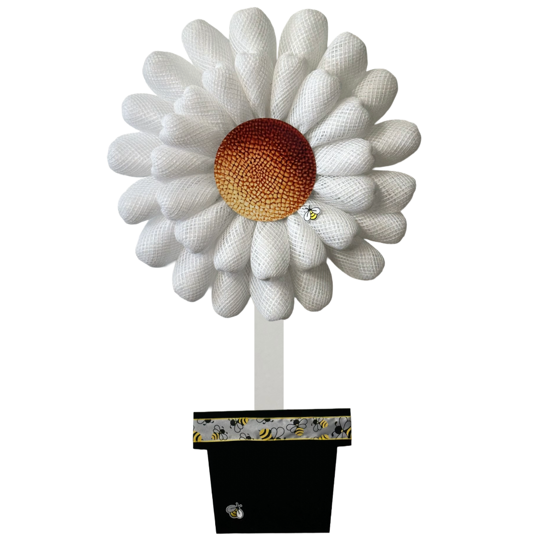 Potted white daisy flower wreath with a realistic daisy head metal wreath sign center 