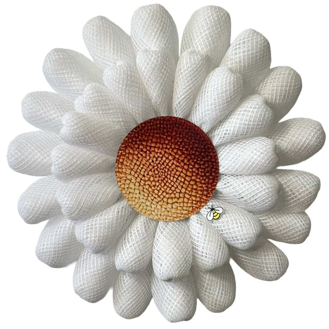 Potted white daisy flower wreath with a realistic daisy head metal wreath sign center 