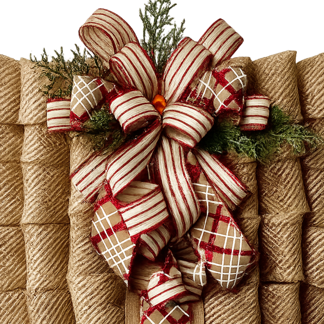 A rustic Christmas wreath made of deco mesh, decorated with a large red and natural striped bow, a plaid ribbon accent, and greenery picks by Monkey's Creations. 