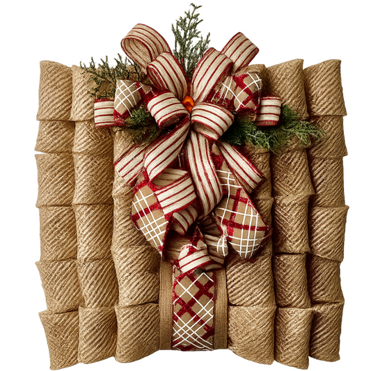A rustic Christmas wreath made of deco mesh, decorated with a large red and natural striped bow, a plaid ribbon accent, and greenery picks by Monkey's Creations. 