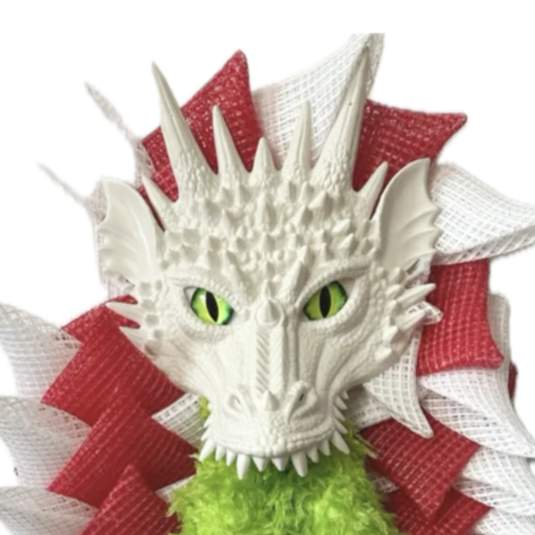 red and white deco mesh christmas dragon with elf legs in its mouth, focus on dragon head