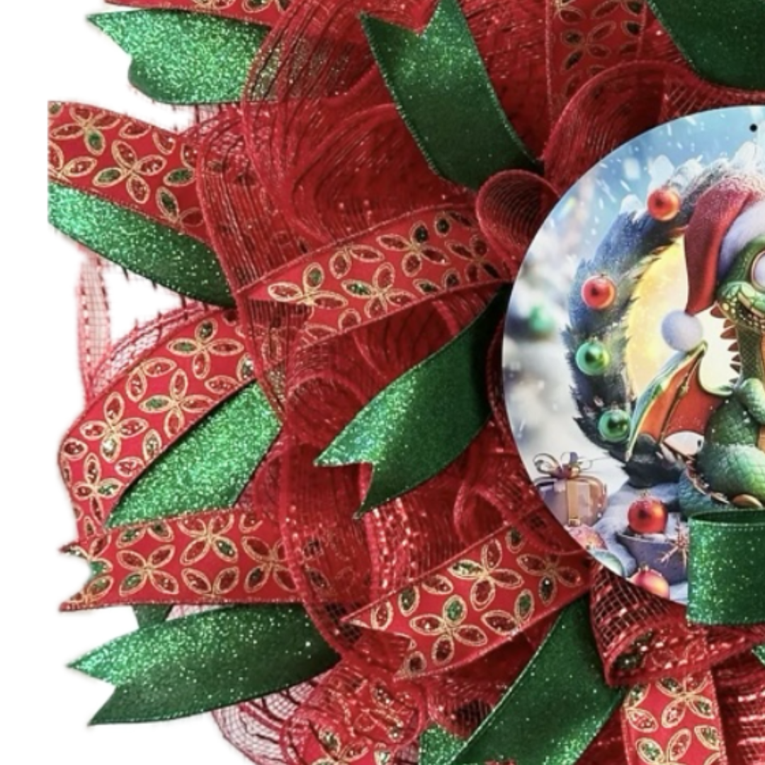 red deco mesh with green and red ribbon baby dragon christmas wreath, focus on the deco mesh and ribbon