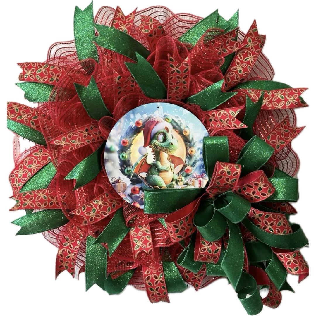 red deco mesh with green and red ribbon baby dragon christmas wreath 