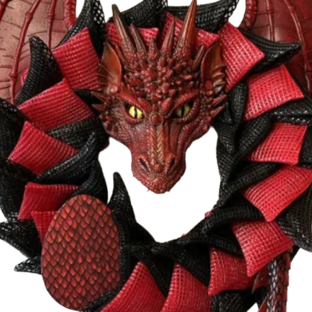 round red and black dragon wreath with wings, a tail and dragon egg, focus on the face and egg