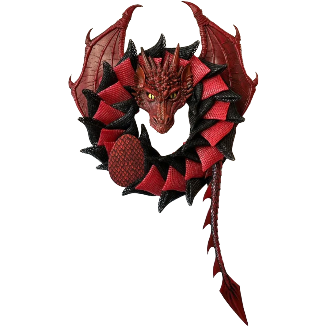round red and black dragon wreath with wings, a tail and dragon egg