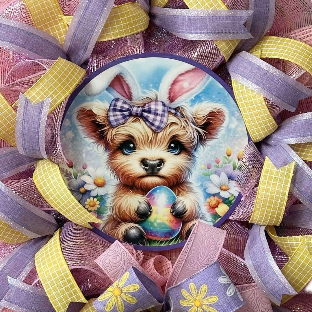 Easter wreath with a highland cow wearing bunny ears and holding a rainbow heart, surrounded by colorful ribbons.