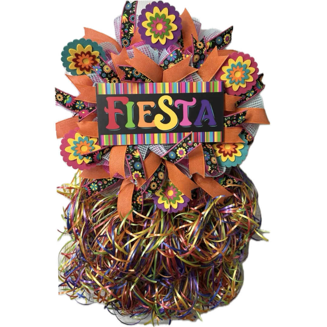 multicolor orange dominant fiesta wreath with ribbon, striped multicolor sign and ribbon strings