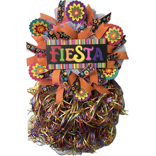 multicolor orange dominant fiesta wreath with ribbon, striped multicolor sign and ribbon strings