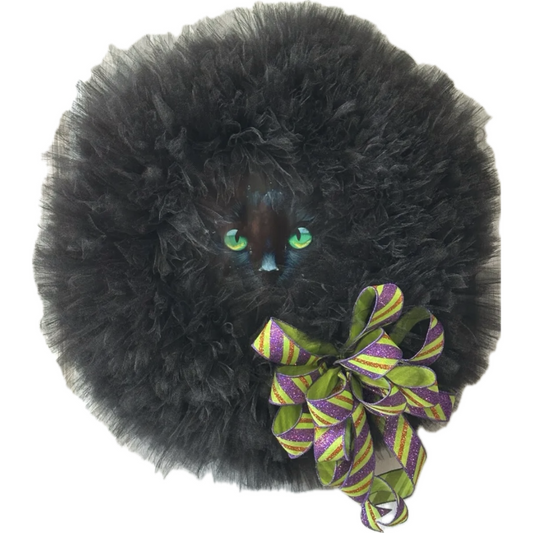 Halloween black cat face wreath with green, purple and orange bow
