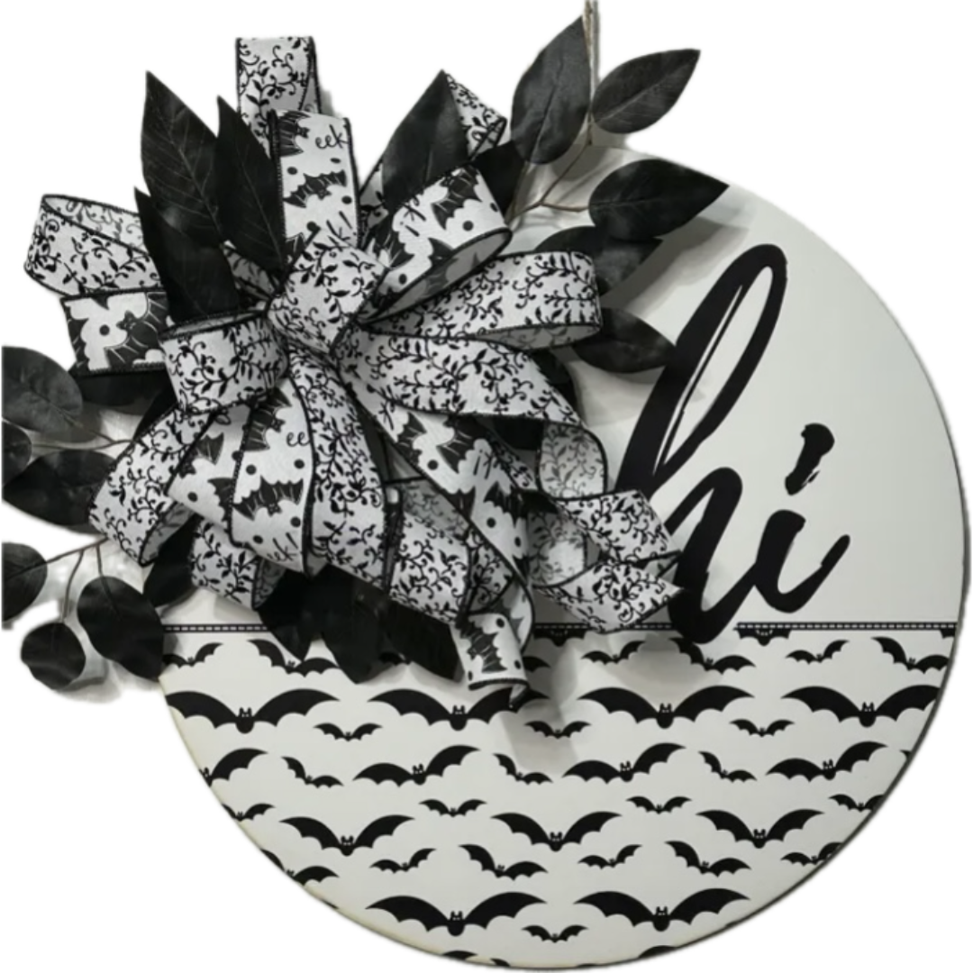black and white bat themed hi wreath board with black and white bat and foliage ribbon with black picks
