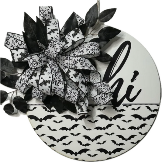 black and white bat themed hi wreath board with black and white bat and foliage ribbon with black picks