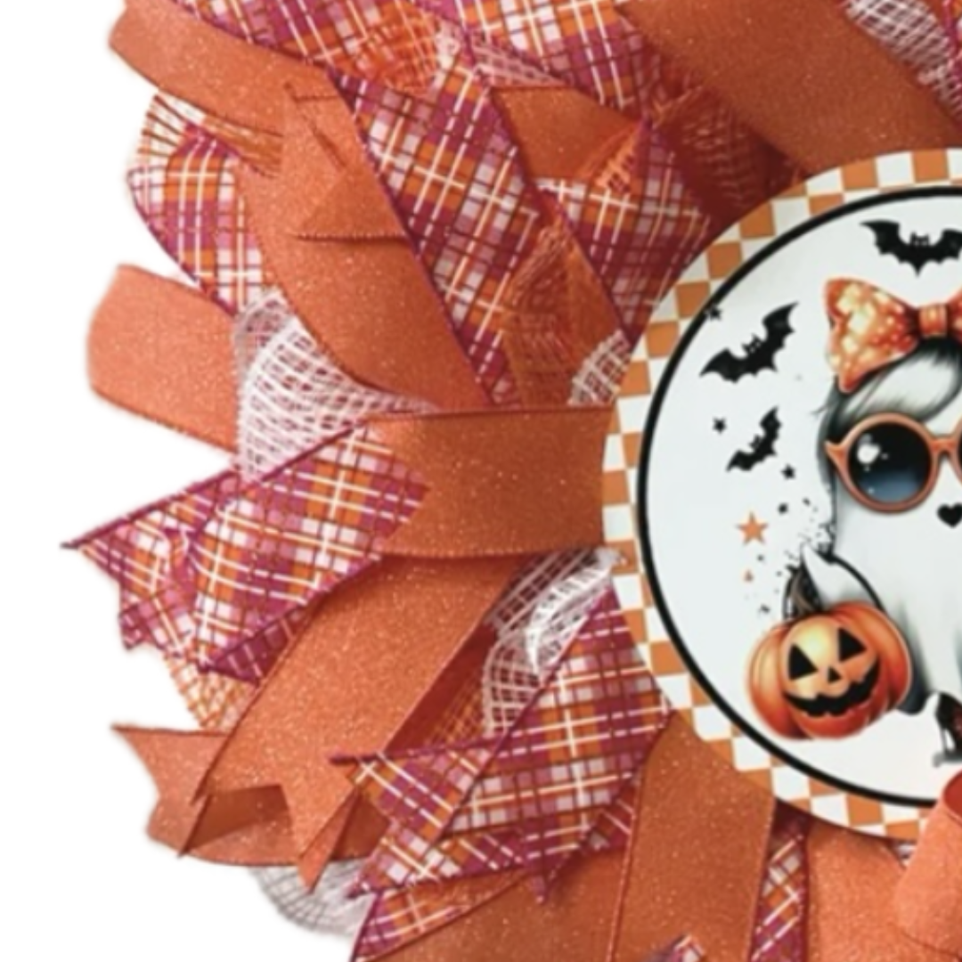 pink and orange girl ghost wreath with ribbon, deco mesh and round wreath sign, focus on the deco mesh and ribbon