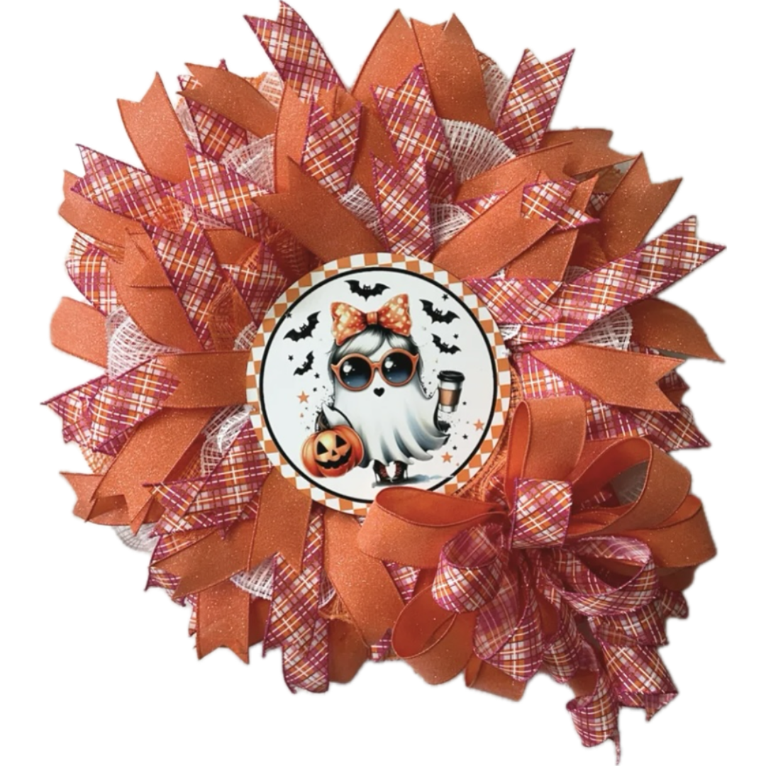 pink and orange girl ghost wreath with ribbon, deco mesh and round wreath sign