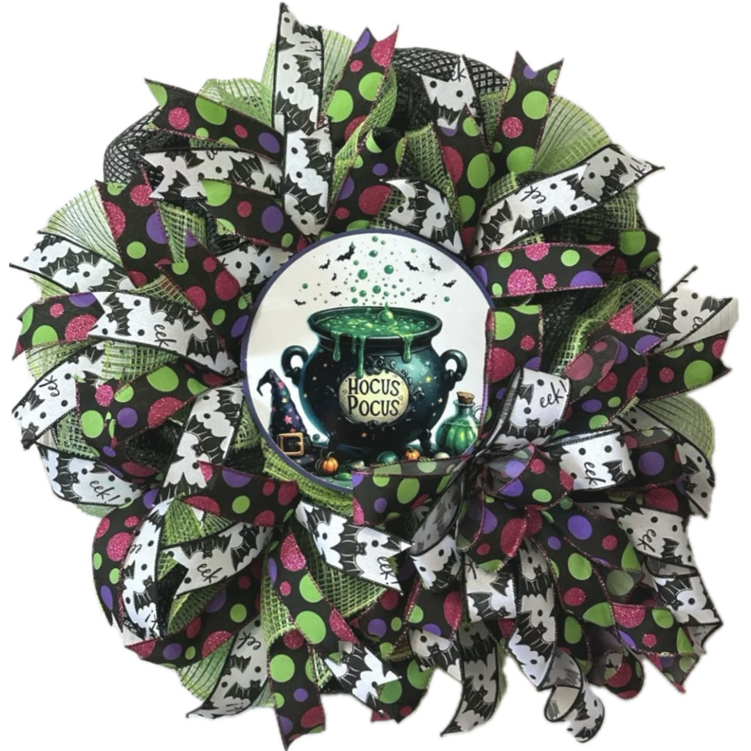 multicolor polka dot and black bat ribbon hocus pocus cauldron halloween wreath