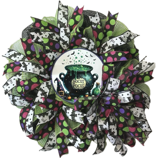 multicolor polka dot and black bat ribbon hocus pocus cauldron halloween wreath