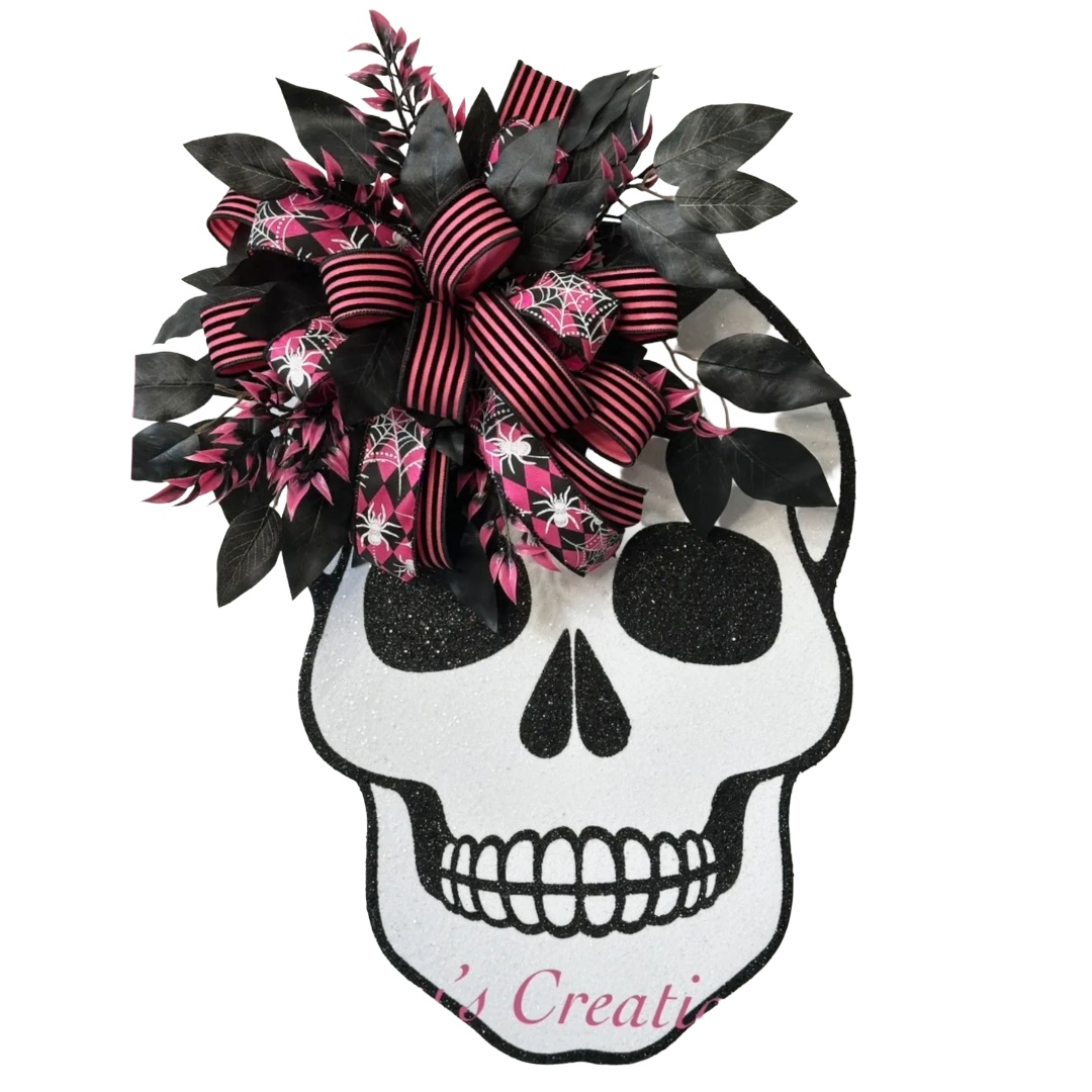 Halloween skeleton skull with pink and black ribbon and foliage