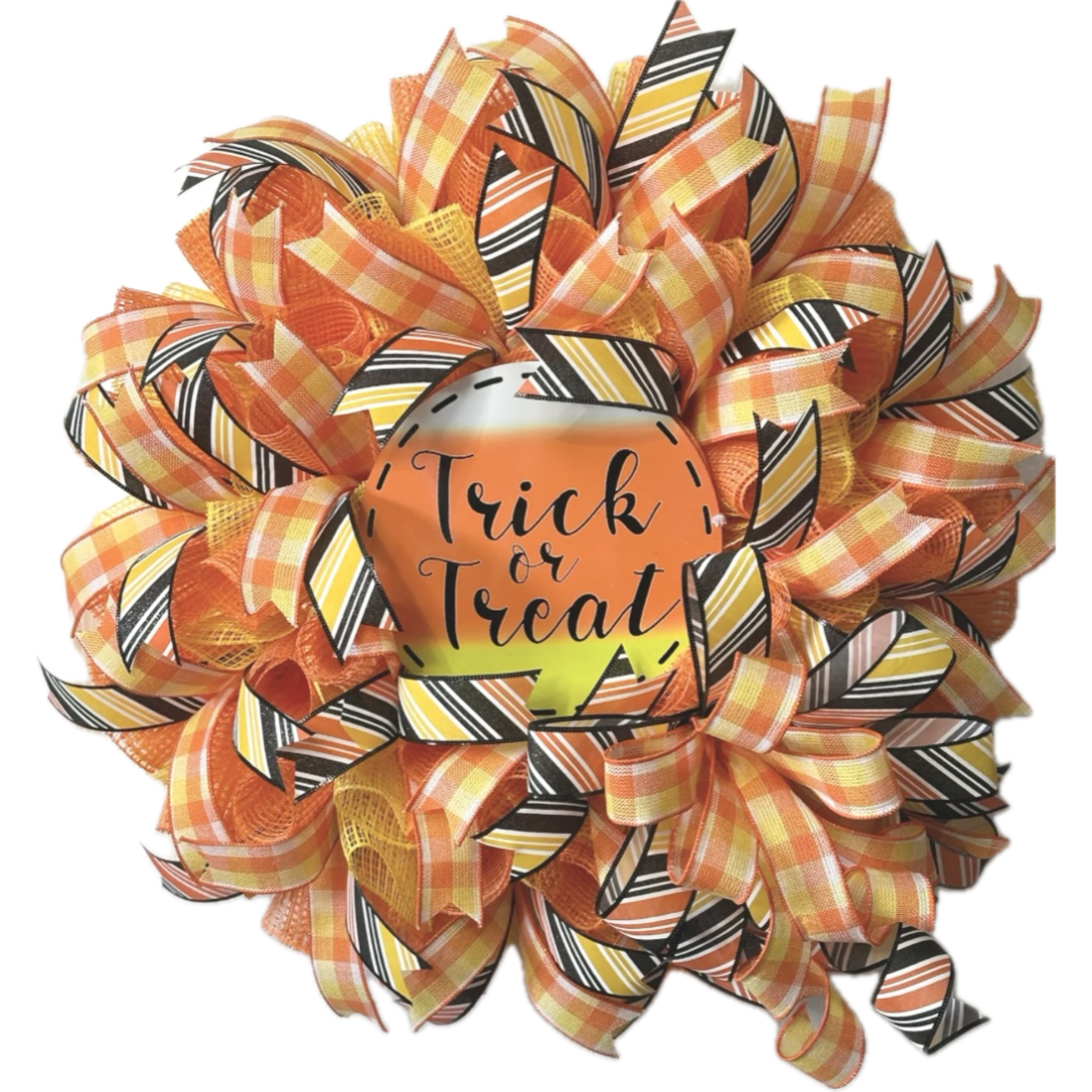 orange, black and yellow halloween candy corn trick or treat wreath