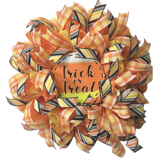 orange, black and yellow halloween candy corn trick or treat wreath