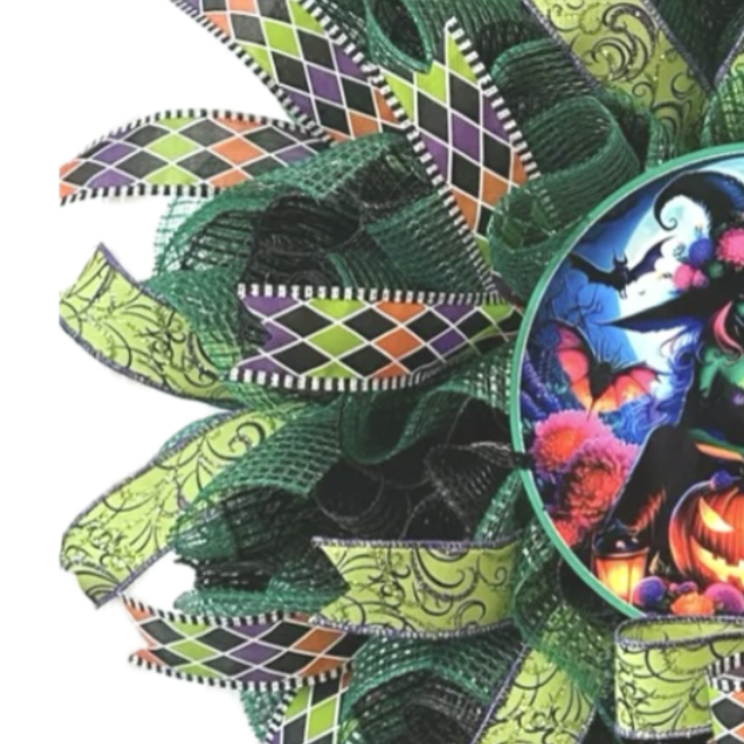 black and green halloween witch wreath, focus on ribbon and deco mesh