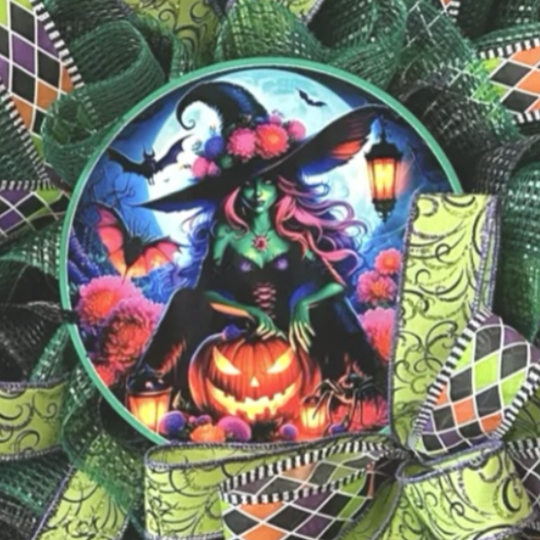 black and green halloween witch wreath, focus on wreath sign
